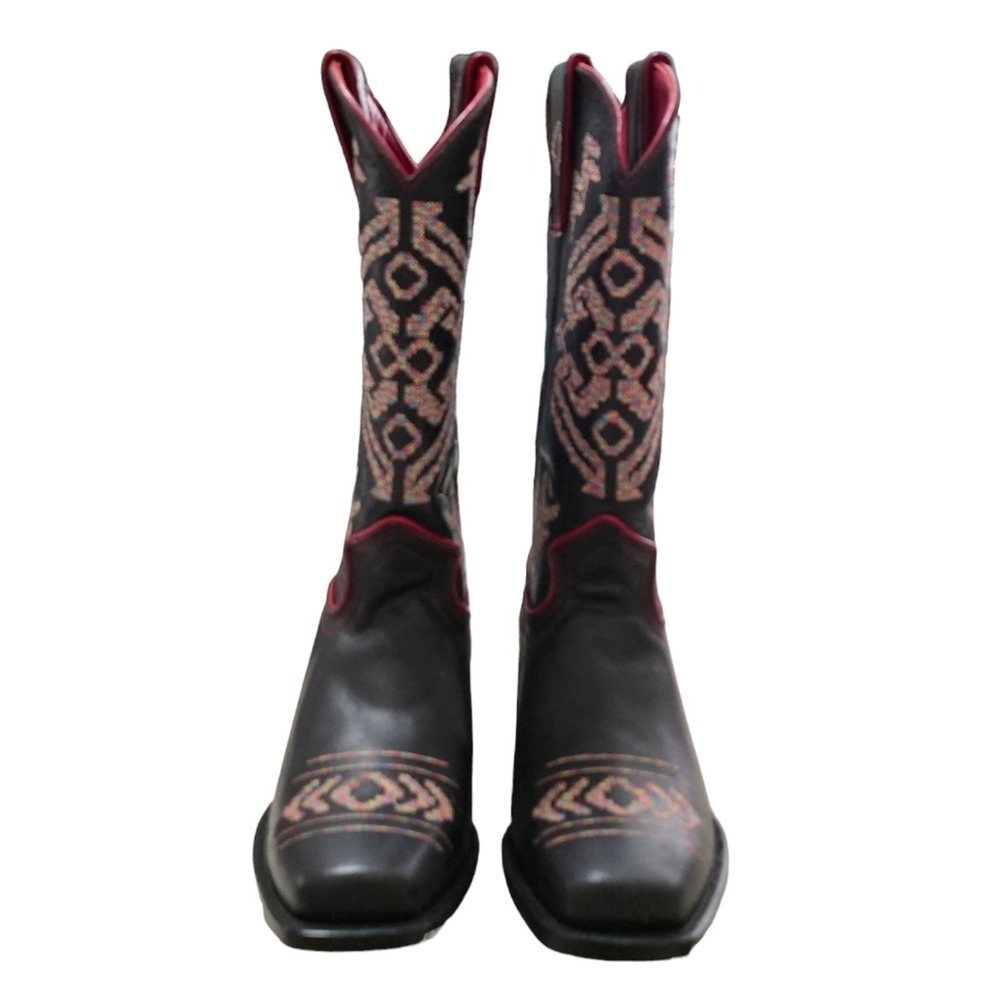 Black Star Black Leather Western Boots Red Trim Embroidered Design - Picture 3 of 11